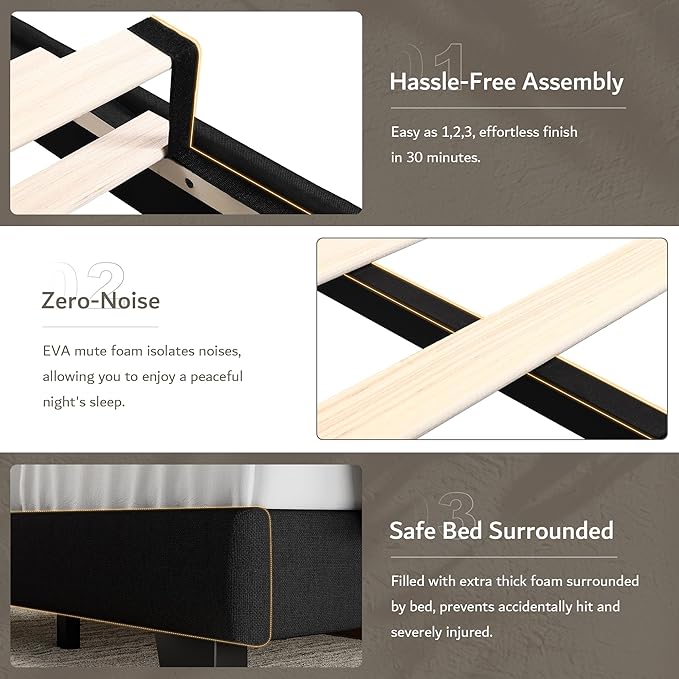 iPormis Queen Platform Bed Frame with Fabric Upholstered Headboard & Thickened Legs, Mattress Foundation with Solid Wooden Slats Support, No Box Spring Needed, Noise Free, Black