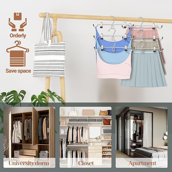 Pants Hangers Space Saving,Stackable Skirt Hangers with Clips, Hanging Closet Organizer and Storage,Clothes Hangers, College Dorm Essentials Apartment Essentials- 24 Pack
