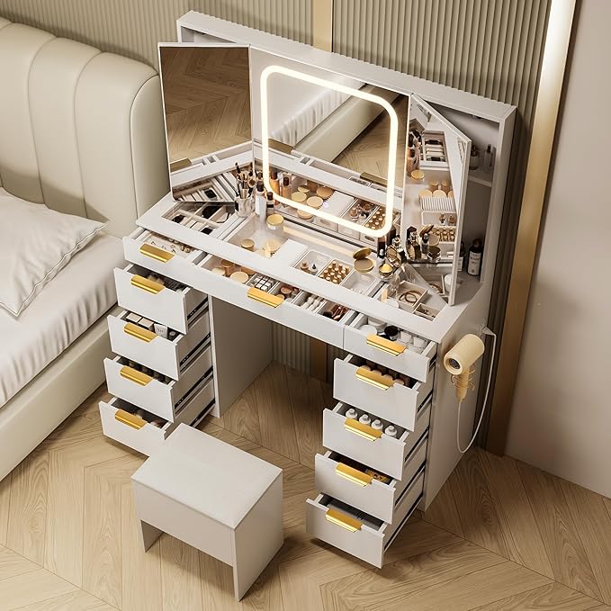 Pamapic 11 Drawers Vanity Desk with Foldable Mirror, Glass Top Makeup Vanity with LED Lights, 3 Lighting Modes, Golden Handles Dressing Table with Chair and Power Outlet