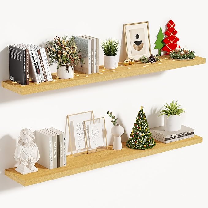 Vivelove 10" Deep Floating Shelves with Invisible Brackets, 48" Wall Shelves for Bathroom Bedroom Kitchen Living Room Laundry Room, Modern Rustic Shelves for Home Decor, 48"x10.2"x1.5", Set of 2, Oak
