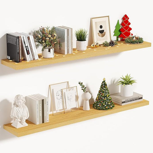 Vivelove 10" Deep Floating Shelves with Invisible Brackets, 48" Wall Shelves for Bathroom Bedroom Kitchen Living Room Laundry Room, Modern Rustic Shelves for Home Decor, 48"x10.2"x1.5", Set of 2, Oak