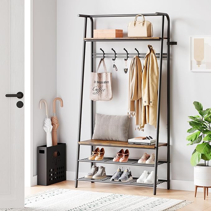 MDF Hall Tree with Bench, 4-in-1 Entryway Coat Rack with Storage Shelf & Shoe Organizer, Sturdy Freestanding Furniture for Living Room, Bedroom, Mudroom