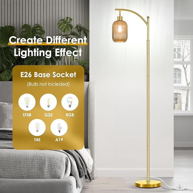 Glass Floor Lamp for Living Room, Modern Gold Standing Lamp with Ribbed Glass Lampshade Pedal Switch, 67” Tall Lamp for Bedroom Study Room
