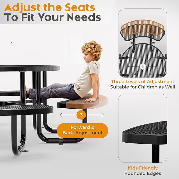 Metal Picnic Tables for Outdoors with Umbrella Hole - Coated Steel Heavy Duty Commercial Grade Furniture Set with Adjustable Seats (Black, 38 in, Round, Expanded Steel)