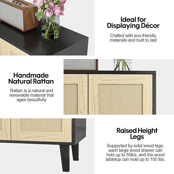 Panana Buffet Cabinet Sideboard with Rattan Decorated Doors Kitchen Storage Cupboard Accent Cabinet (Black)