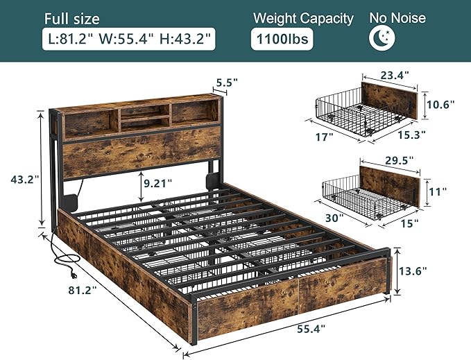EnHomee Full Size Bed Frame with 6 Storage Drawers Full Bed Frame with Headboard, with Charging Station, No Noise, No Box Springs Needed, Vintage Brown