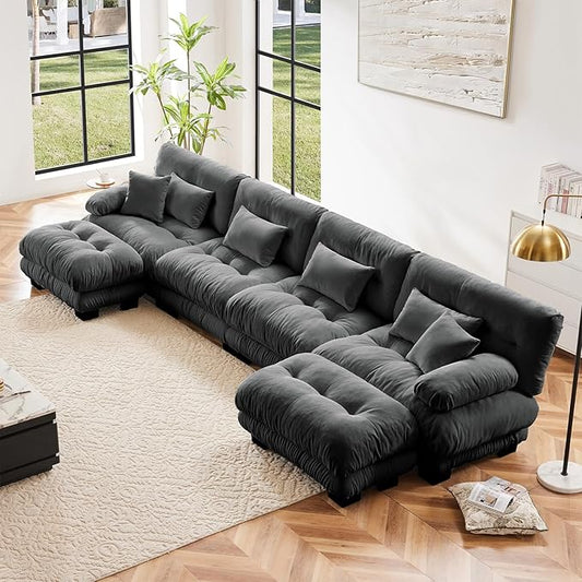 173.2" Oversized Couch, 4 Seater Modular Sectional Sofa, Grey Large U Shaped Sectional Fluffy Couch Set, Chenille Cloud Couch with Ottoman, Deep Seat Sofas for Living Room