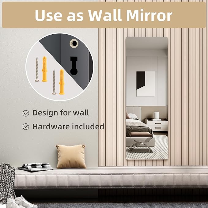 Hasipu Door Mirror Full Length, 47"x 16" Full Body Over The Door Hanging Wall Mounted Mirror for Bedroom, Living Room, Cloakroom, Round Black