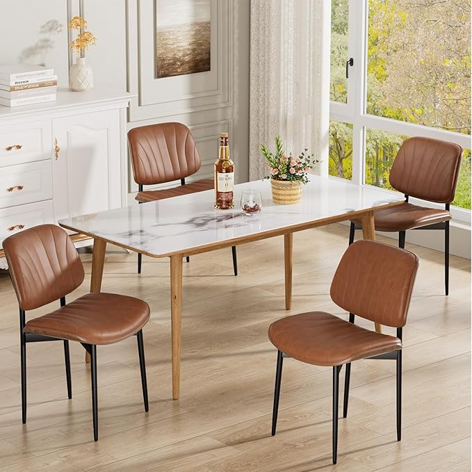 Dining Chairs Set of 6, Mid-Century Modern Upholstered PU Leather Chairs with Walnut Bentwood Back and Metal Legs Adjustable Feet for Kitchen Dining Room, Camel Shell Strips