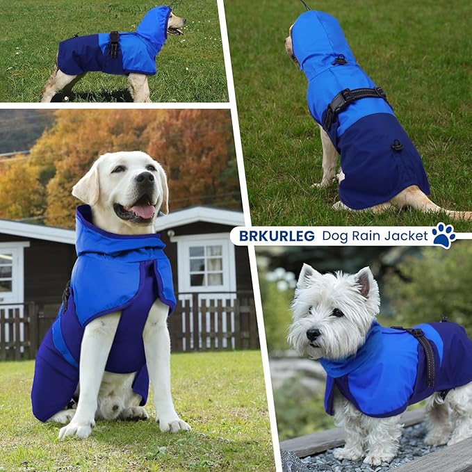 BRKURLEG Dog Raincoat Adjustable Dog Rain Jacket with Hood Dogs Waterproof Rainproof Jacket with Leash Hole Pet Poncho Rain Coat Poncho with Reflective Strip, Blue, S