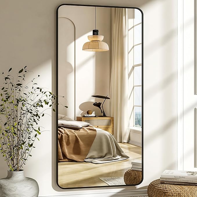 76"x34" Floor Full Length Mirror Standing Full Body Rounded Corner Rectangle Mirrors with Stand Hanging Wall Mounted Leaning Bedroom Living Room Bedroom Cloakroom,Black