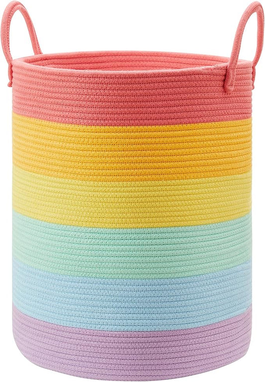 80L Extra Large Rainbow Laundry Hamper Basket for Girls Kids Tall Unicorn Baby Nursery Hamper for Clothes Woven Roper Blanket Toy Basket in Living Room Playroom Bedroom