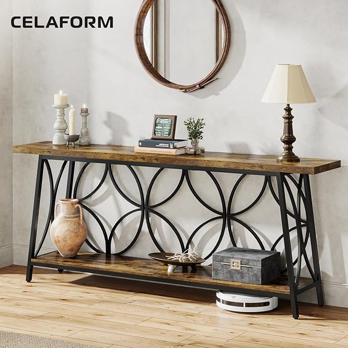 70.9-Inch Sofa Table, 2-Tier Narrow Console Table with Storage for Living Room, Entryway, Hallway, Foryer, Geometric Pattern Design (Rustic Brown)