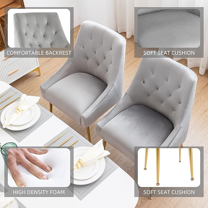 Modern Dining Chairs Set of 2, Mid Century Dining Chairs with 5.12” Cushions and Golden Legs, Velvet Upholstered Dining with Back Pull Rod, for Kitchen, Living Room, Grey