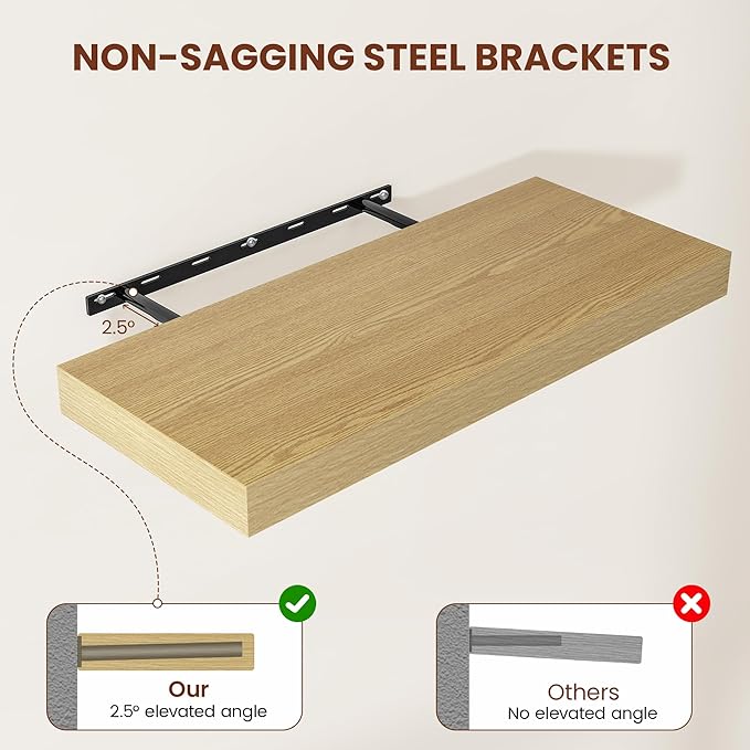 Vivelove 12 Inch Deep Floating Shelves 47.2 inch Long, 2 Inch Thick Wall Shelves with Invisible Brackets, Shelf for Bedroom Bathroom Living Room Kitchen Office Home Decor, Modern Shelf Set of 2, Oak