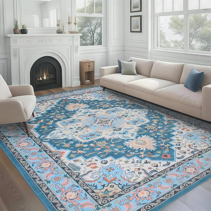 WILLSUN Washable Area Rugs, 9x12 Non-Slip Boho Large Area Rugs for Living Room, Bedroom, Machine Washable Vintage Rug, Indoor Floral Print Carpet for Home Decor, Kid & Pet Friendly Mat