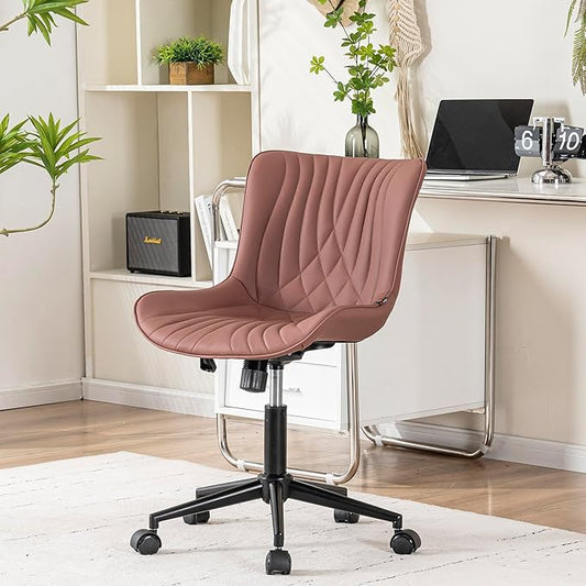 YOUNIKE Office Chair, Armless Desk Chair with Wheels, Adjustable Swivel Home Office Computer Task Chairs, Modern Faux Leather Upholstered Vanity Chair with Back, Dusty Rose