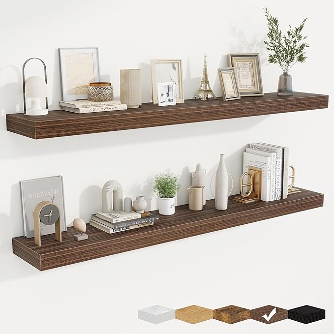 fuqing Floating Shelves for Wall, Wall Mounted Wood Floating Shelf with Invisible Brackets for Living Room, Bathroom, Bedroom, Kitchen Storage and Decor, 55 Inch Set of 2, Walnut