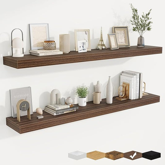 fuqing Floating Shelves for Wall, Wall Mounted Wood Floating Shelf with Invisible Brackets for Living Room, Bathroom, Bedroom, Kitchen Storage and Decor, 55 Inch Set of 2, Walnut