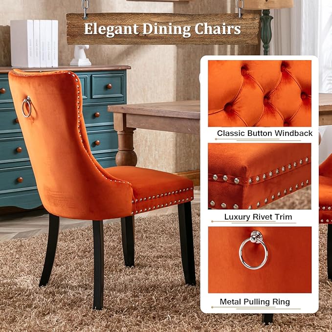 Goujxcy 78.7" Farmhouse Extendable Dining Room Table Set for 8, 9-Piece Rectangle Kitchen Dining Room Table Set with Wood Base and 8 Orange Velvet Dining Chairs, Extending Kitchen & Dining Table Set