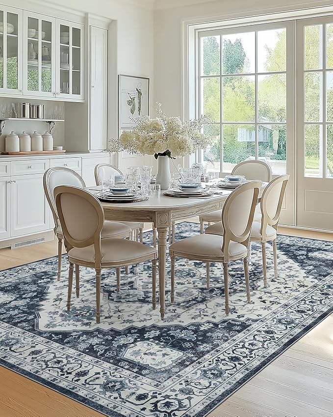 AMADA HOMEFURNISHING 9x12 Area Rug, Washable Low-Profile Large Area Rug with Non-Slip Backing & Durable Edge Binding, Vintage Large Rugs for Living Room, Bedroom