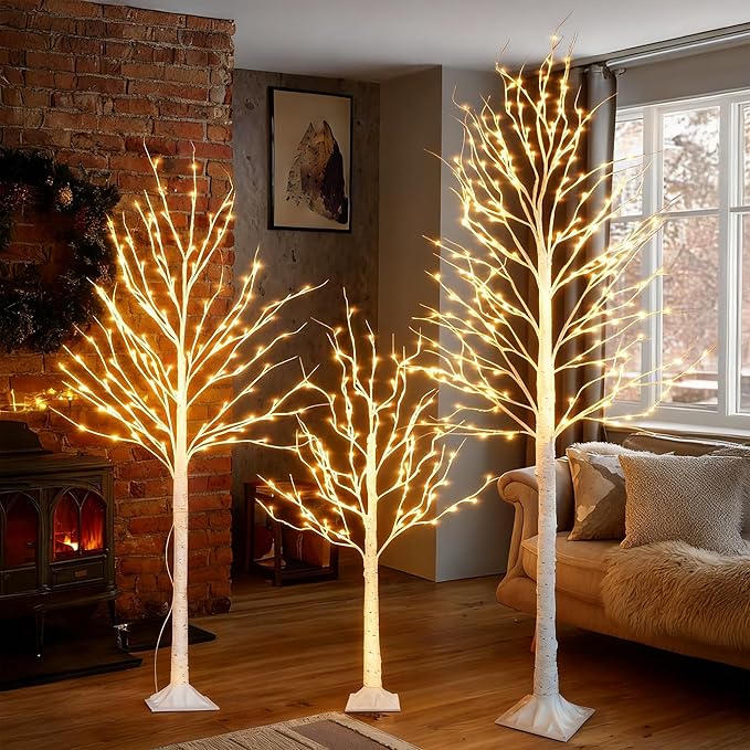 TW SHINE Set of 3 Lighted Birch Tree, 4FT 6FT 8FT White Artificial Christmas Tree with Total 456 LED Light, Prelit Waterproof Christmas Decoration for Indoor Outdoor Thanksgiving Wedding Holiday