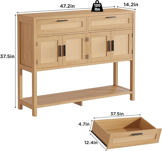 Maupvit Entryway Console Table with Large Storage Space, Sofa Table with Rattan Cabinet Doors, Buffet Table for Living Room, Hallway, Foyer Furniture for Home Decor, Nature Wood Color