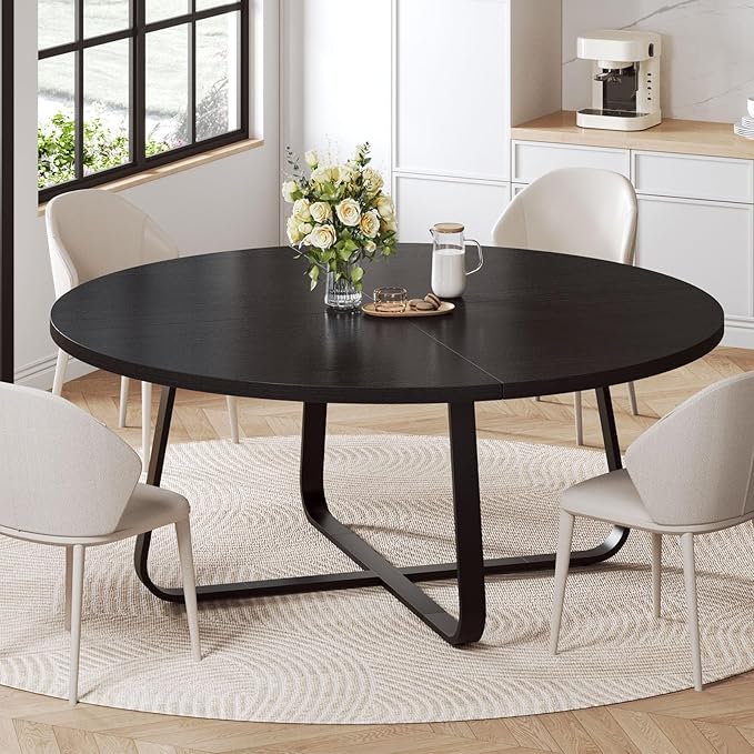 LVB Black Round Dining Table for 6 to 8, 60” Modern Wood Metal Kitchen Table, Industrial Large Dinner Room Table, Circle Dining Table for Home Gathering Living Room