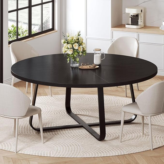 LVB Black Round Dining Table for 6 to 8, 60” Modern Wood Metal Kitchen Table, Industrial Large Dinner Room Table, Circle Dining Table for Home Gathering Living Room