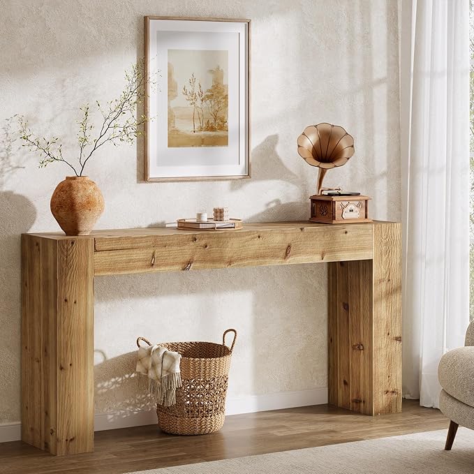 Solid Wood Console Table, 63-Inch Farmhouse Sofa Table Behind Couch for Entryway, Living Room, Foyer, Easy Assembly (Light Wood)