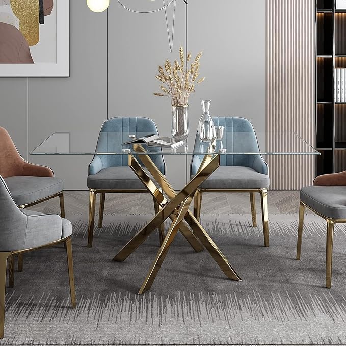 51" Glass Dining Table for 4, Contemporary Rectangular Dining Room Table with Tempered Glass Top & Golden Finish Stainless Steel Legs, Modern Kitchen Table for Home Office
