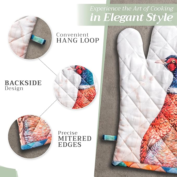Maison d' Hermine Oven Gloves 100% Cotton Oven Mitt 7" x 13" with Loop Heat Resistant BBQ Cooking Gloves for Thanksgiving Christmas Decorations Baking Handling Hot Pans (Pack of 1, Faisan D'Automne)