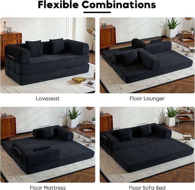Convertible Sleeper Sofa Bed with Fixed-Shape Frame, Corduroy Folding Boneless Couch with Cylindrical Pillow, Comfy Floor Sofa Couch for Living Room, No Assembly Required, Black