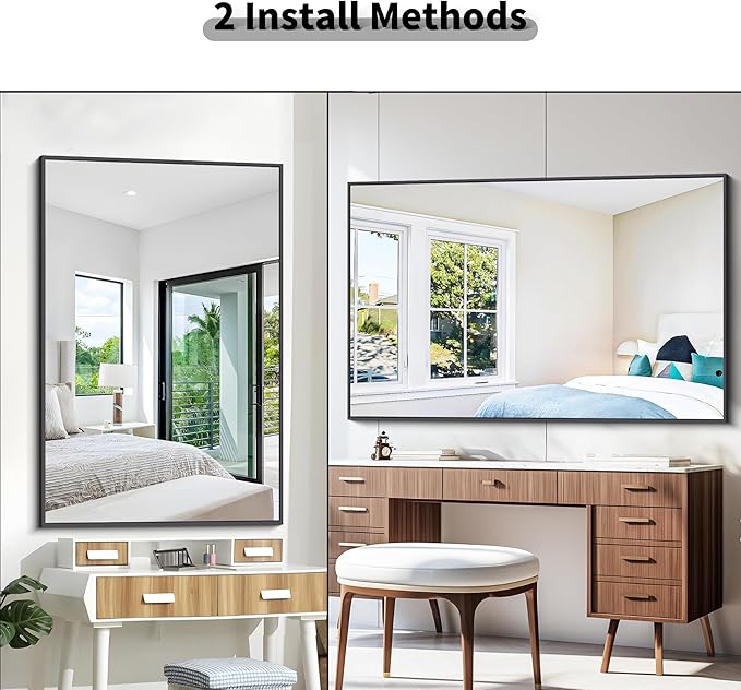 BONEWEI Bathroom Mirror,55x36 inch Large Wall Mirror for Bathroom Wall Mounted Black Rectangle Corner Mirrors,Black Bathroom Mirror for Living Room,Farmhouse,Bedroom Entryway,Horizontal/Vertical