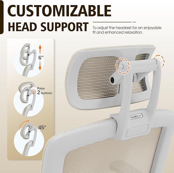 GABRYLLY Ergonomic Office Chair, High Back Home Desk Chair with Headrest, Flip-Up Arms, 90-120° Tilt Lock and Wide Cushion, 400LBS Mesh Chairs for Man Woman, White Task Chair(Beige,GY01WBG)