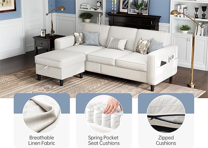 Sectional Sofas Couches for Living Room Convertible 3 Seater L Shaped Couch with Removable Storage Ottoman 78" Modern Linen Beige Sofa for Apartments Studios Dorms Small Spaces