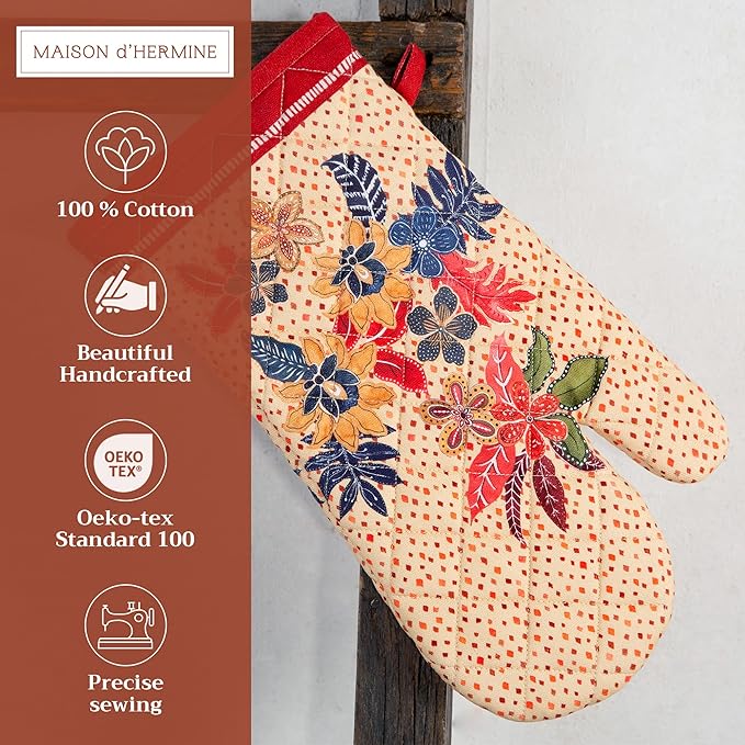 Maison d' Hermine Oven Gloves 100% Cotton Oven Mitt 7" x 13" with Loop Heat Resistant BBQ Cooking Gloves for Thanksgiving Christmas Decorations Baking Handling Hot Pans (Pack of 1, Kalahari)