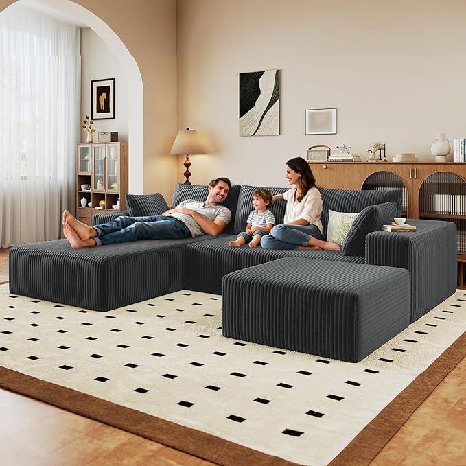 96" U-Shape Cloud Couch, Modern Modular Sectional L-Shape Sofa with Ottoman, Corduroy Upholstered Couches Deep Seat Chaise Longue for Living Room, No Assembly Required(Dark Gray, Left Facing)