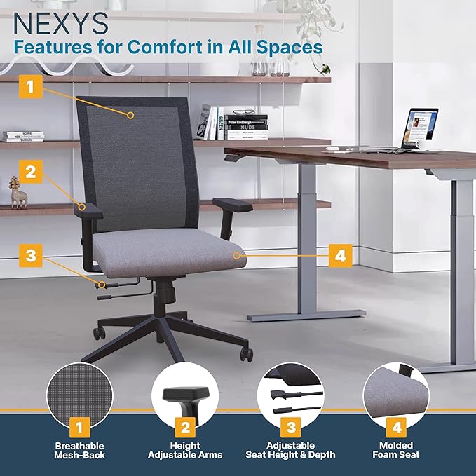 Nexys Home Office Desk Chair, Adjustable Tilt, Height Adjustable Armrests, High Mesh Back Variable Height, Rolling Work Swivel Chairs with Wheels, Comfortable for Long Hours, Lunar | Fabric