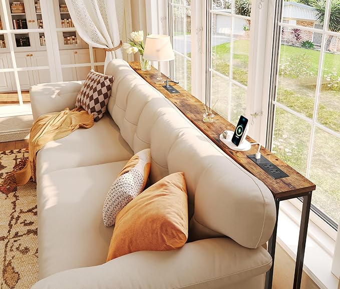 SUPERJARE 78.8 inch Narrow Console Table with Outlet, Sofa Tables, Behind Couch Table, Long Entryway Tables with Charging Station, for Living Room, Rustic Brown