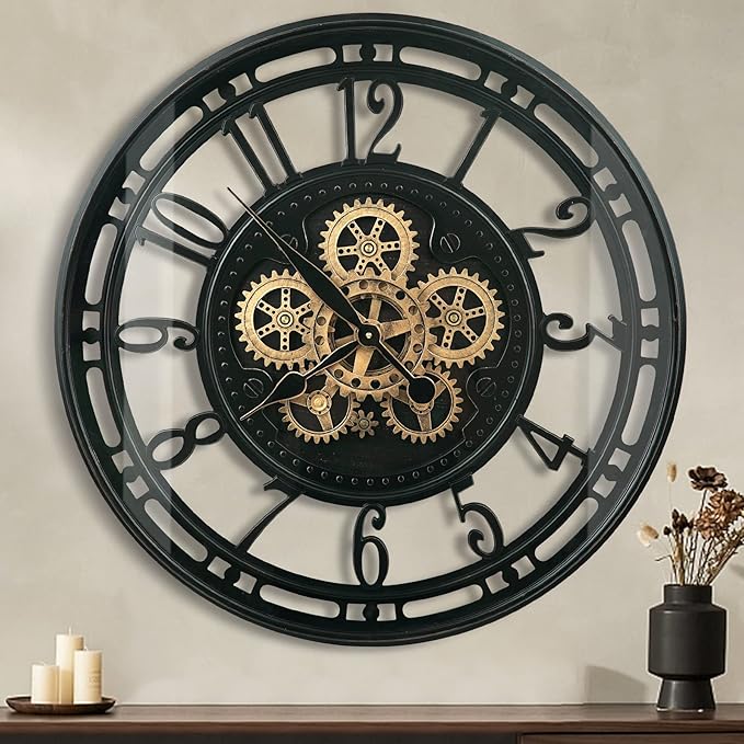 DORBOKER Real Moving Gears Wall Clock Large Modern Metal Clocks for Living Room Decor, Industrial Steampunk Unique Vintage Rustic Decorative Clock for Home Farmhouse Office, 21 Inch Black Gold Arabic
