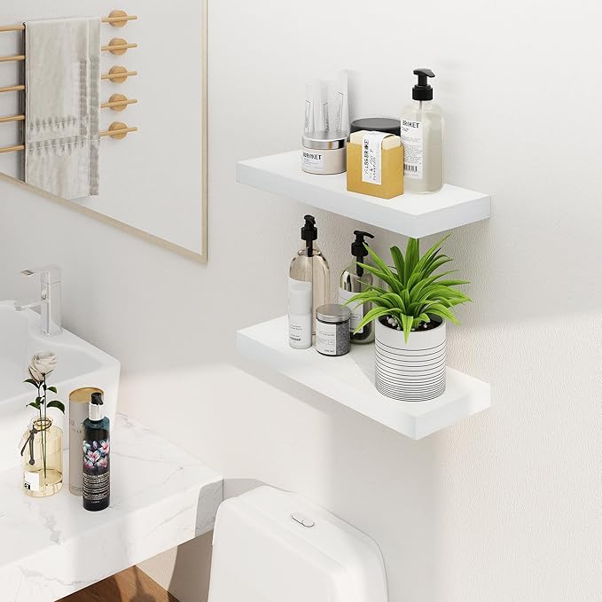 Fun Memories Floating Shelves for Wall, 20Inch Floating Shelves Set of 2, Hanging Shelf with Invisible Brackets, Wood Shelves for Living Room, Bedroom, Kitchen, White