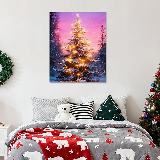 Framed Christmas Pictures Wall Decor,Vintage Pine Tree Prints,Winter Christmas Canvas Wall Art Decoration for Bedroom Bathroom Living Room Rustic Xmas Holiday Gifts (Christmas Tree 18, 12'' X 16'')