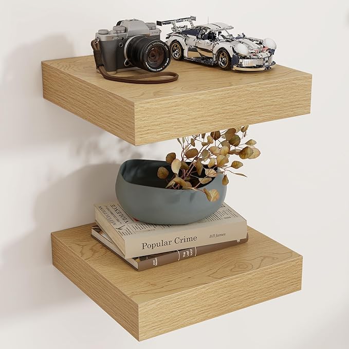 Square Floating Shelves for Wall, 12" W x 12" D x 2" H, 2 Pack of Small Wall Mounted Engineered Wood Shelves with Invisible Brackets for Living Room, Bedroom, Bathroom, Kitchen Decor, Oak