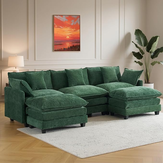 111.4" U Shaped Cloud Couch Sectional with 2 Ottoman｜Modular Chenille Sofa with 29.1" Deep Seat｜FSC Solid Wood Frame｜Easy Assembly & 1YR Guarantee｜for Living Room Bedroom Apartment