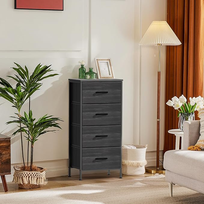 DUMOS Nightstand with 4 Drawers Bedside Table with Removable Fabric Bins Sturdy Steel Frame Wood Top Organizer Furniture for Bedroom Closet Living Room,Black Wood Grain