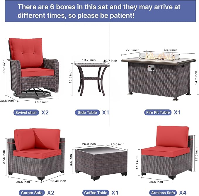 Gotland 11 Pieces Patio Furniture Set with Fire Pit Table Swivel Chairs, PE Rattan Outdoor Furniture with 29.5'' High Backrest 4’’ Thick Cushions, Outdoor Sectional for Porch, Deck, Garden, Red