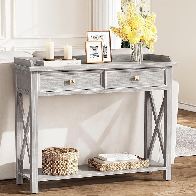 40" Console Table with Drawers, Entryway Table with Charging Station, Mid Century Console Table with Bottom Shelf, Wood Accent Sofa Table for Living Room, Hallway, Foyer, Drawers Pre-Assembled, Grey