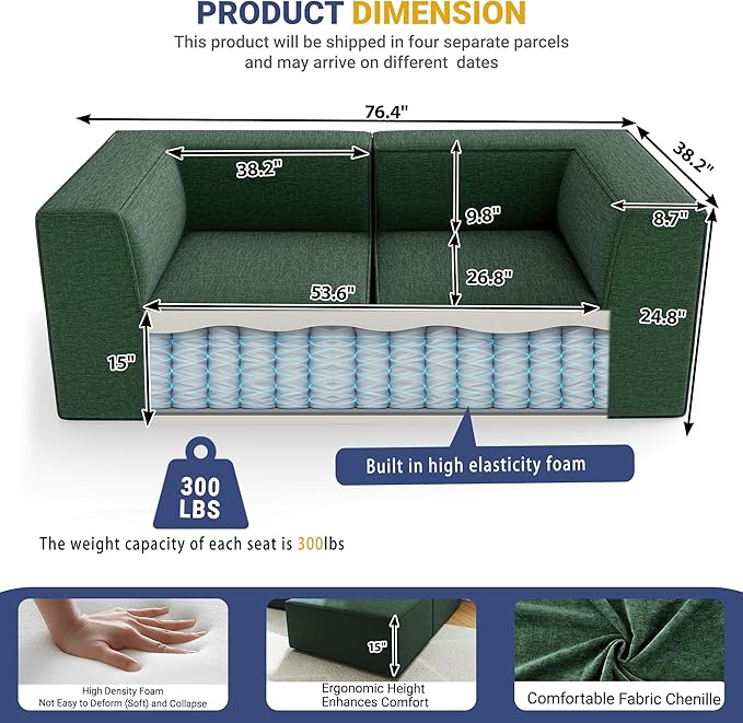 76" Sectional Compressed Sofa Modular Couches Loveseat 2 Deep Seat,High-Density Foam No Assembly Required,2-Piece(2xCorner) for Living Room Fabric Chenille Green