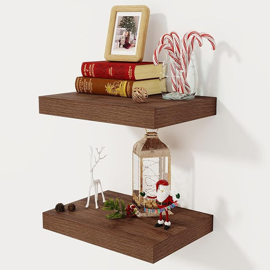 12 Inch Deep Floating Shelves, 16 x 12 Floating Shelf for Books, Rustic Wood Deep Wall Shelves for Home Storage & Display, 2" Thicked Shelves for Kitchen, Living Room, Bedroom, Walnut Color, 2 Pack
